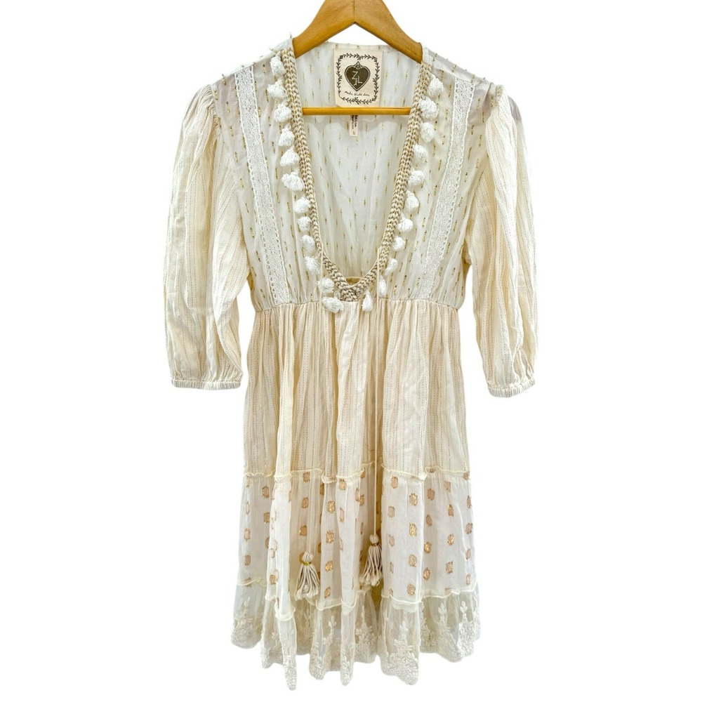 Z&L EUROPE Tassels Lace Trim Tiered Airy-Cotton Mini Dress in Ivory-Gold Size S